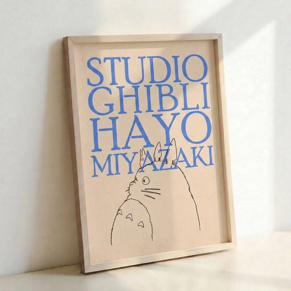 Studio Ghibli-inspired poster with delicate line-drawn Totoro character and integrated typography in a soothing cream and blue color scheme.