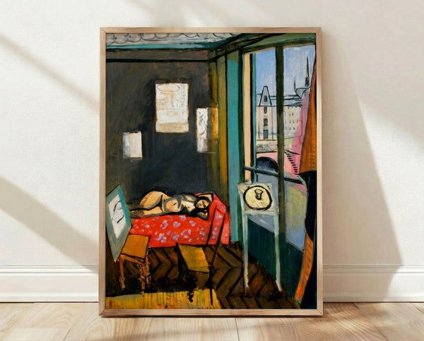 Matisse's Studio, Quai Saint-Michel poster featuring warm ochre, deep blue, and neutral tones in a cubist-inspired composition of an artist's interior space.