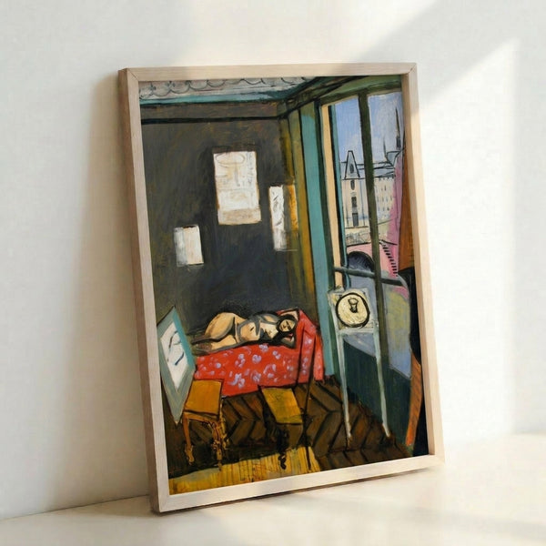 Modern art print depicting a Parisian studio interior through Matisse's bold color planes and simplified geometric shapes in warm and cool harmonies.