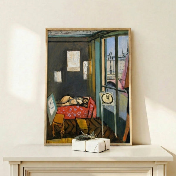 Abstract representation of an artist's workspace with flattened perspective, using ochre, blues, and grays in Matisse's distinctive modernist style.