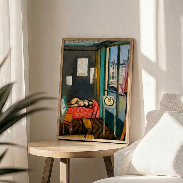 Studio interior by Matisse rendered in warm terracottas and cool blues with decorative abstraction, creating a serene modernist composition.