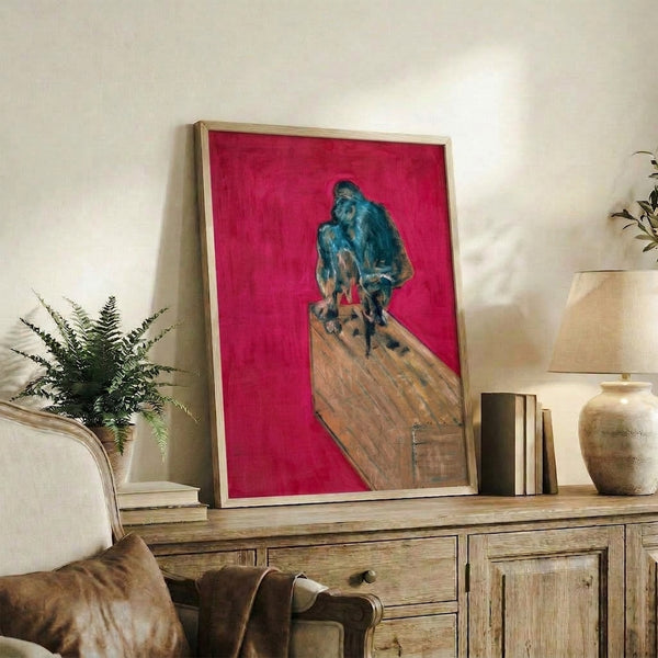 Study for Chimpanzee poster art print featuring a faceless primate rendered in cream, tan, and charcoal tones with dramatic, fragmented forms characteristic of modern figurative painting.