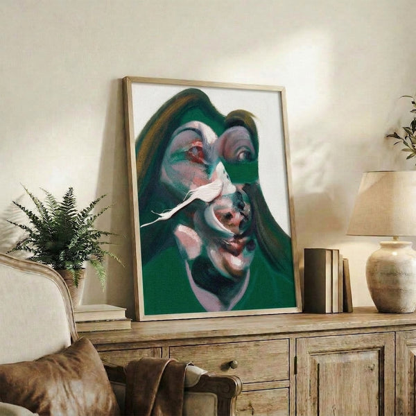 Framed modern art print showing an abstracted portrait with obscured features in warm and cool neutral tones, evoking existential tension and psychological depth.