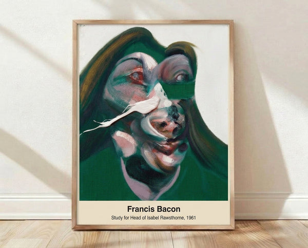 Abstract portrait study featuring a distorted head rendered in ochre, gray, and burnt sienna tones; framed poster displaying psychological intensity and visceral modern art style.