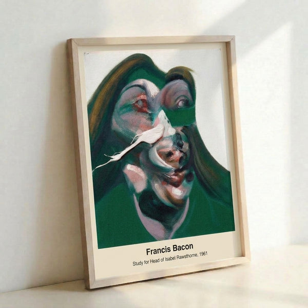 Cream and ochre toned abstract head portrait with dark gestural marks, framed as contemporary wall art with psychological depth and raw expressionistic quality.