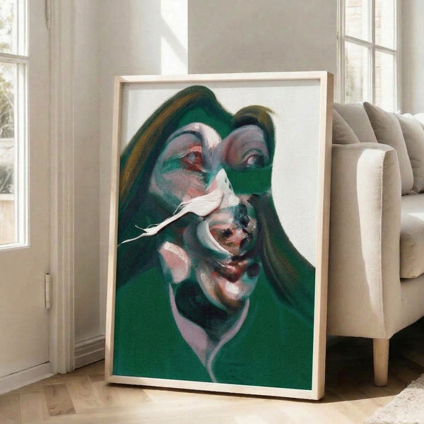 Modern abstract study of a head in burnt sienna and gray hues, displayed framed on wall; visceral and psychologically charged portrait artwork.