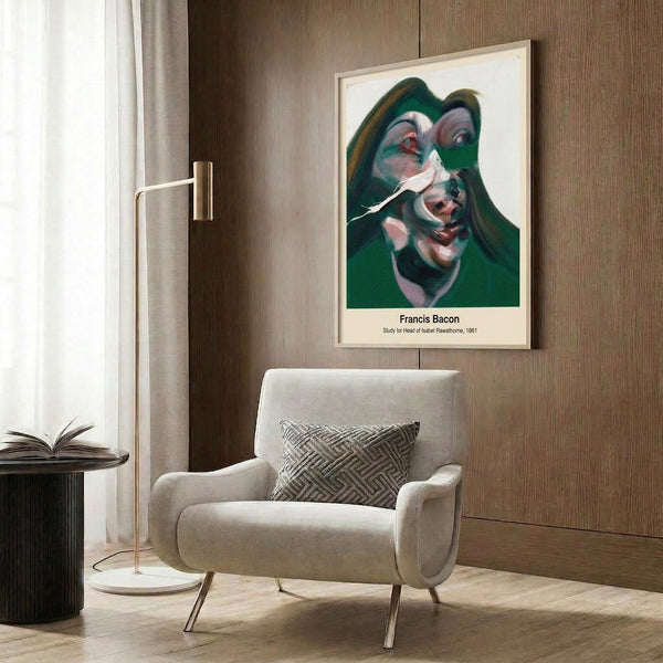 Abstract head study rendered in muted grays and warm earth tones, framed poster art with psychological complexity and modern expressionist sensibility.