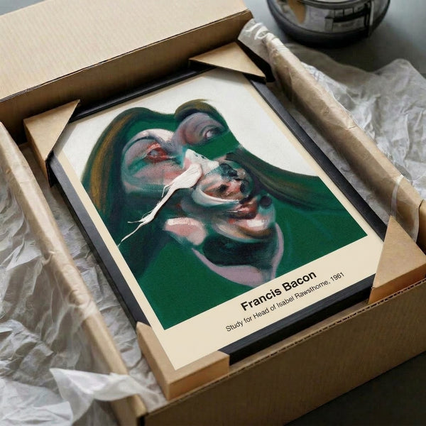 Framed modern art print depicting a fragmented portrait head in cream, ochre, and charcoal; psychologically visceral abstract composition for wall display.