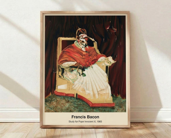 Abstract expressionist portrait of a pope in saffron and charcoal tones, rendered with visceral, anguished brushwork and dark nocturnal mood; framed art print on wall.