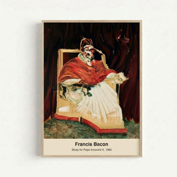 Distorted figure wearing papal vestments in deep browns and blacks with saffron highlights, painted in an expressionist style conveying psychological distress; framed poster.
