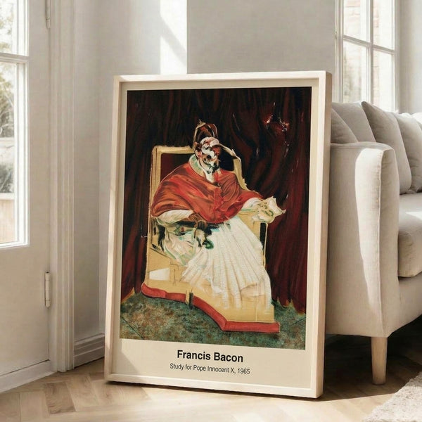 Expressionist portrait of a pope with fragmented form and churning brushstrokes in earthy browns and blacks, evoking anguish and isolation; wall art print.