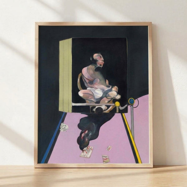 Abstract portrait study with distorted facial features in muted earth tones and grays, framed as a dark, expressive art print on a wall.