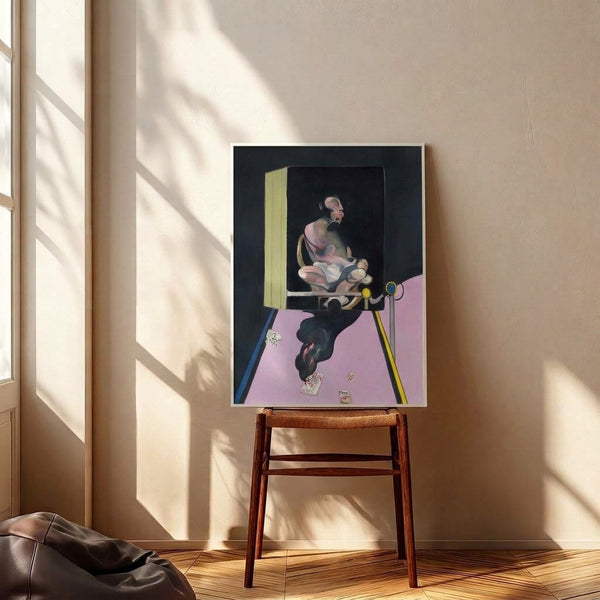 Fragmented human face in shades of brown, cream, and charcoal, displayed as a framed modern art poster with an introspective, brooding atmosphere.