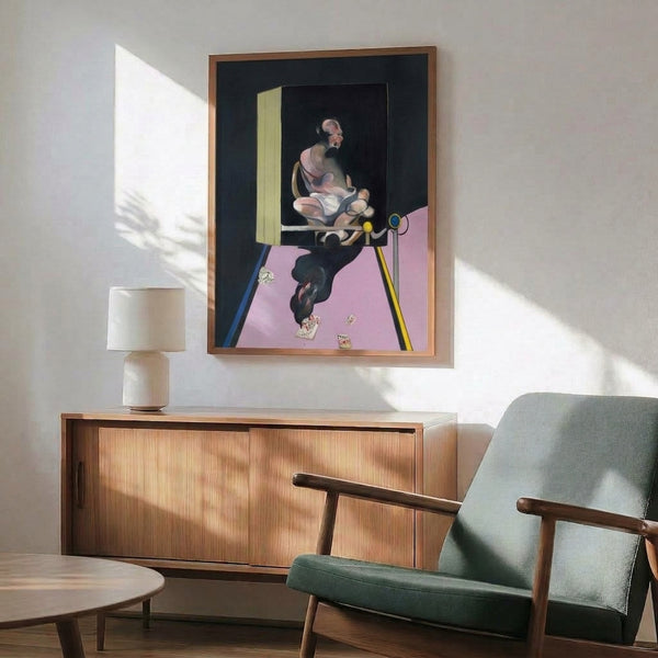 Abstracted portrait with organic, blurred forms in a muted palette of taupe and deep tones, framed wall art suggesting psychological depth and distortion.