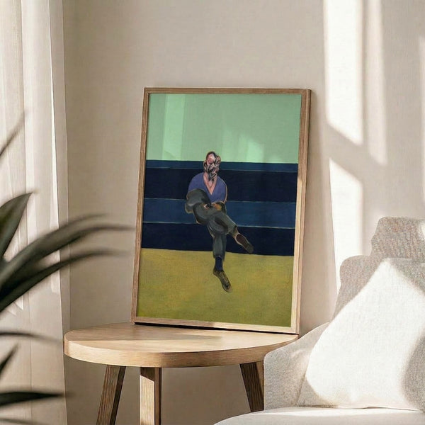 Modernist figurative artwork rendered in somber palette of browns, blacks, and ochres, depicting a faceless or abstracted human form with bold, sweeping marks on canvas displayed as a wall print.