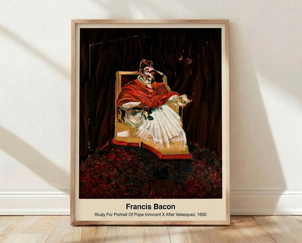 Abstract portrait study of Pope Innocent X in shades of gray and orange with dark brown accents, framed on wall as modern art print.