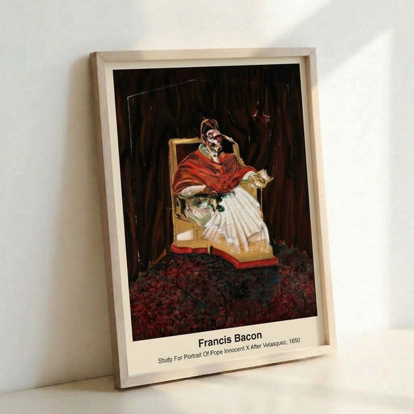 Francis Bacon-style portrait abstraction in muted grays and burnt orange, depicting a papal figure with intellectually provocative intensity.