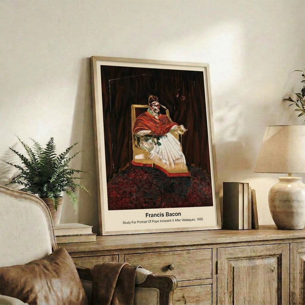 Contemporary wall art featuring a deconstructed papal portrait in cool grays with warm orange undertones, exploring themes of power and anxiety.