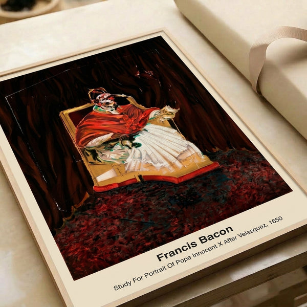 Existentially charged portrait abstraction of Pope Innocent X in muted earth tones, blending figuration with conceptual unease in contemporary framed print.
