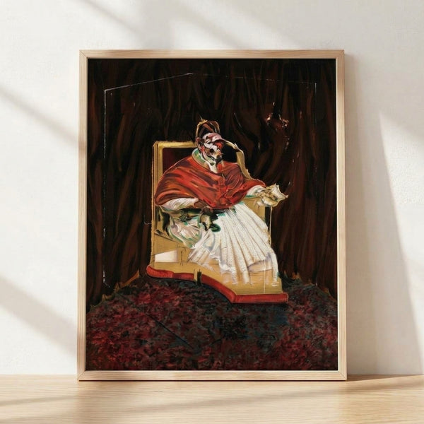 Framed abstract portrait study inspired by Velasquez's Pope Innocent X, featuring distorted facial features in muted earth tones and grays with expressionistic brushwork.