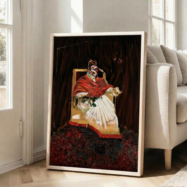 Dark modern art print of a fragmented papal figure study, rendered in ochre, gray, and black with gestural abstraction, displayed as framed wall art.