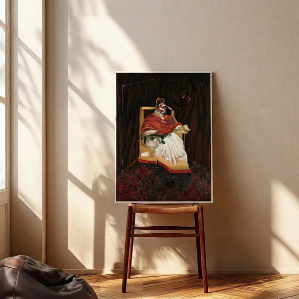 Study for portrait of Pope Innocent X after Velasquez, modern abstract interpretation with layered brushstrokes in warm and cool tones creating a haunting, deconstructed face.