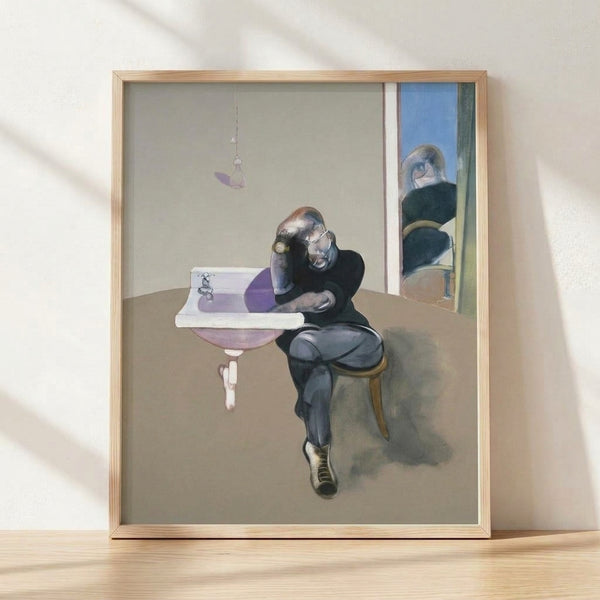 Abstract portrait study with distorted facial features in muted earth tones and grays, framed poster art on wall.