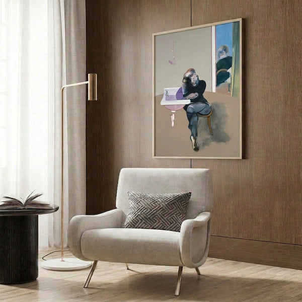 Contemplative self-portrait abstraction with blurred and fractured form in taupe and brown hues, gallery-style framed artwork.