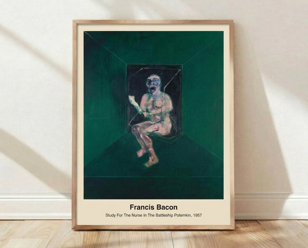 Abstract modern painting of a distorted figure with an anguished expression, rendered in orange, grey, and black tones, framed as a poster on a wall.