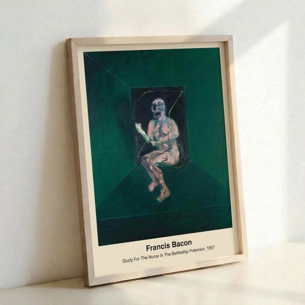 Framed contemporary art poster displaying an expressionistic figure in cream, black, and burnt orange with haunting, raw emotional intensity.