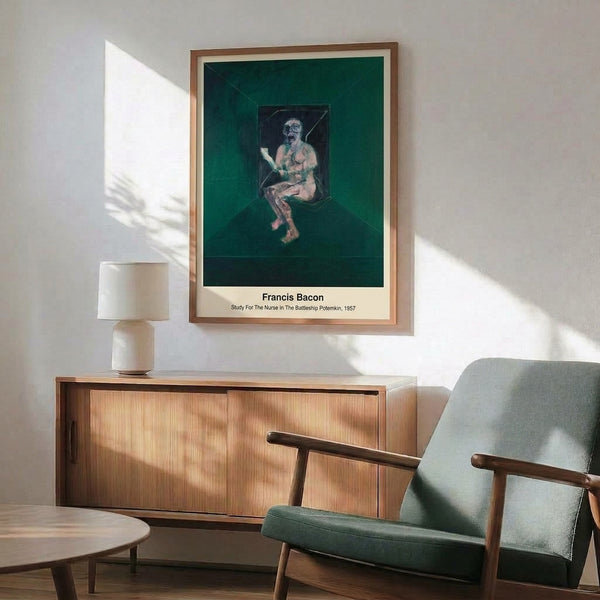 Dramatic figurative study with distorted features in dark oranges, greys, and blacks, capturing anguished movement and existential tension as a framed poster.