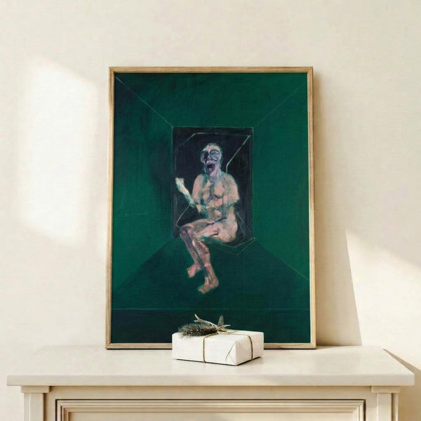 Francis Bacon's expressionist study with abstracted human form rendered in shadowy grays and browns, hung as a framed modern art print on a wall.