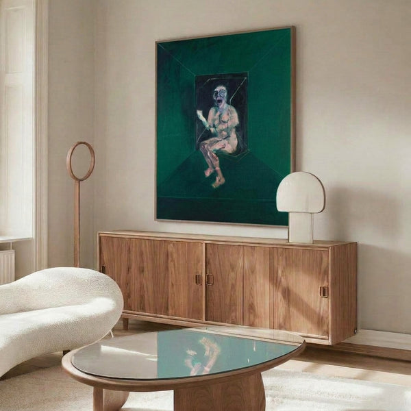 Framed contemporary art print of Francis Bacon's gestural study in charcoal and ochre tones, displaying distorted form characteristic of his expressionist approach.