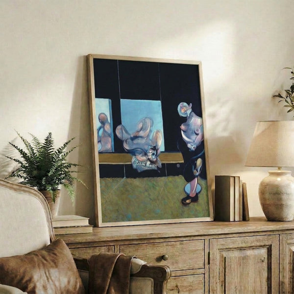 Framed modern art print with gestural brushwork depicting a fragmented human form in brown and cream tones, characteristic of contemporary abstract expressionism.