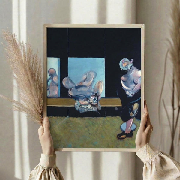 Study of the human body rendered in abstract style with bold, unsettling forms and a restrained palette of beige, gray, and dark accents.