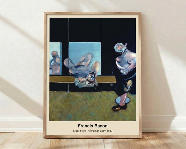 Abstract expressionist study of a distorted human figure in charcoal, ochre, and flesh tones, evoking psychological intensity and visceral emotion on framed poster.