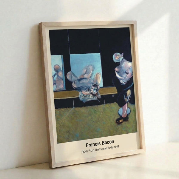 Fragmented human form study in muted earth tones and charcoal, abstract and psychologically charged, displayed as framed fine art print.