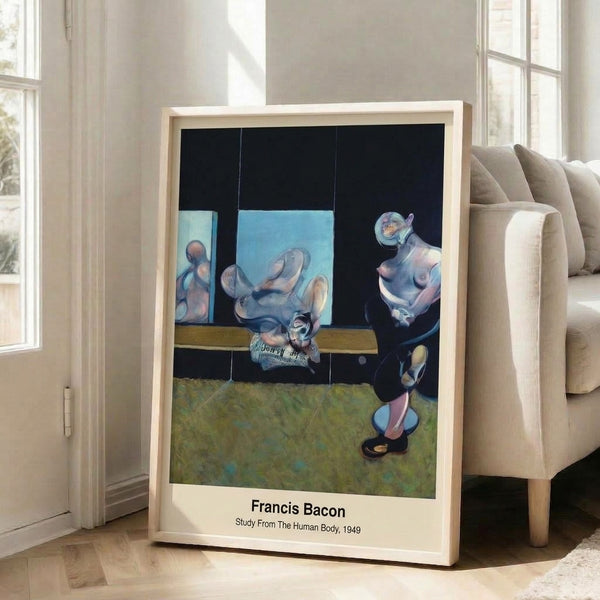 Anguished abstract figure study in ochre and dark neutrals, viscerally expressive and surreal, mounted as contemporary poster art.