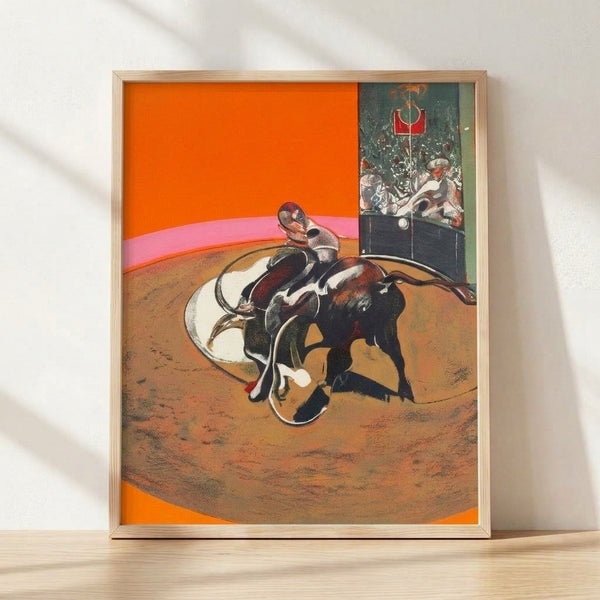 Abstract study of a bullfight featuring bold gestural brushstrokes and distorted figures in earthy tones and deep reds, evoking tension and movement.