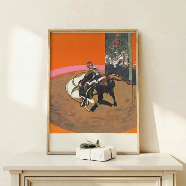 Framed modern art print showing an expressionist interpretation of a bullfighting scene with fragmented forms in ochre, crimson, and black tones.