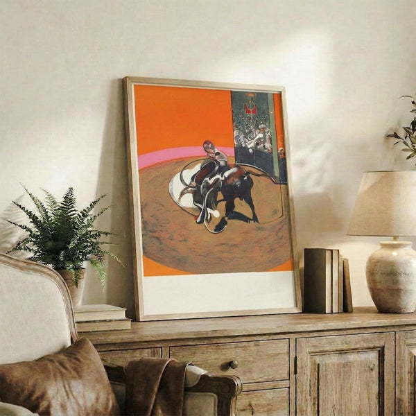 Contemporary abstract poster depicting the raw energy of a bullfight through agitated brushwork and a palette of warm browns, rust reds, and shadows.