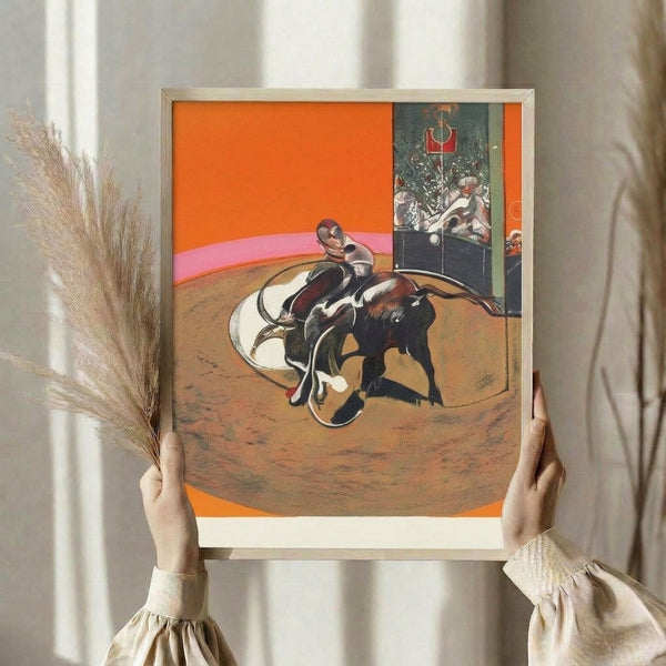 Framed wall art featuring an expressionistic study of arena conflict rendered in bold strokes with earthy and blood-red hues, capturing psychological intensity.
