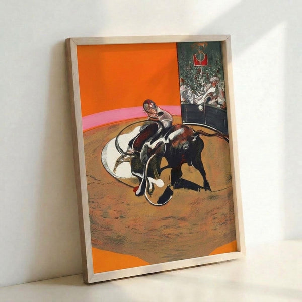 Surreal interpretation of a matador and bull locked in combat, portrayed through fragmentary forms and dark palette with ochre highlights, expressing psychological intensity and human fragility.