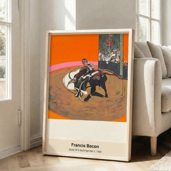 Abstract study exploring the drama of the bullfight through distorted silhouettes in black and burnt sienna against a grey background, radiating introspective dread and isolation.