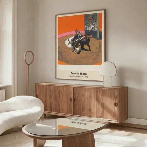 Abstract wall art interpreting the tragedy of the arena through distorted form and chiaroscuro in burnt sienna, black, and grey tones, capturing haunting psychological depth and human mortality.