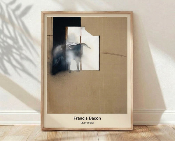 Abstract study of a bull in dark tones with ochre and grey, framed poster depicting a tense, existential mood characteristic of modern art.