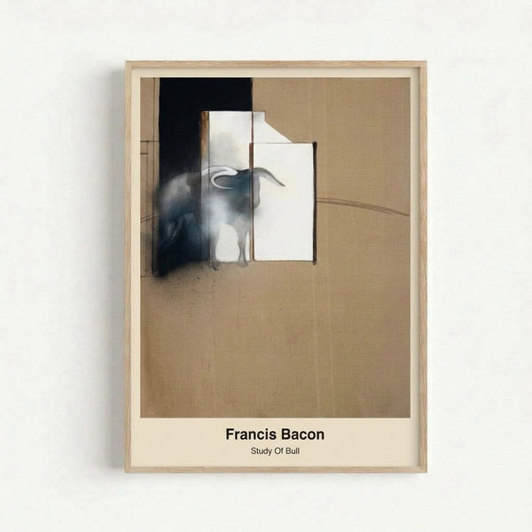 Somber framed art print featuring an abstracted bull figure rendered in black, white, and grey with expressionist brushwork and a haunting atmosphere.