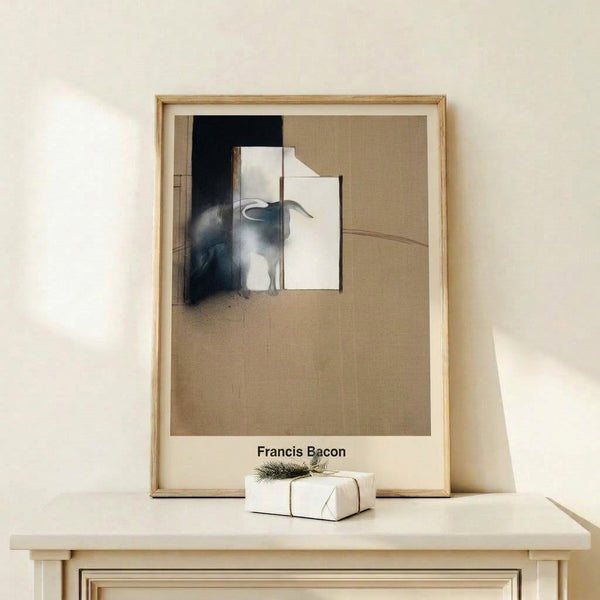Darkly toned framed poster presenting a bull study with gestural abstraction, dominant blacks and greys conveying a brooding, contemplative mood.