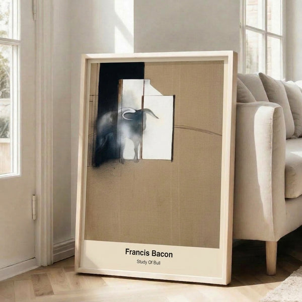 Contemporary art print depicting a bull through abstract forms in monochromatic and ochre palette, evoking psychological intensity and somber reflection.
