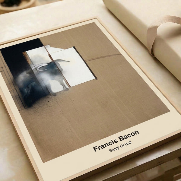Framed abstract bull artwork in black, white, and grey with expressionist qualities, capturing a tense and existential atmosphere for modern interior spaces.